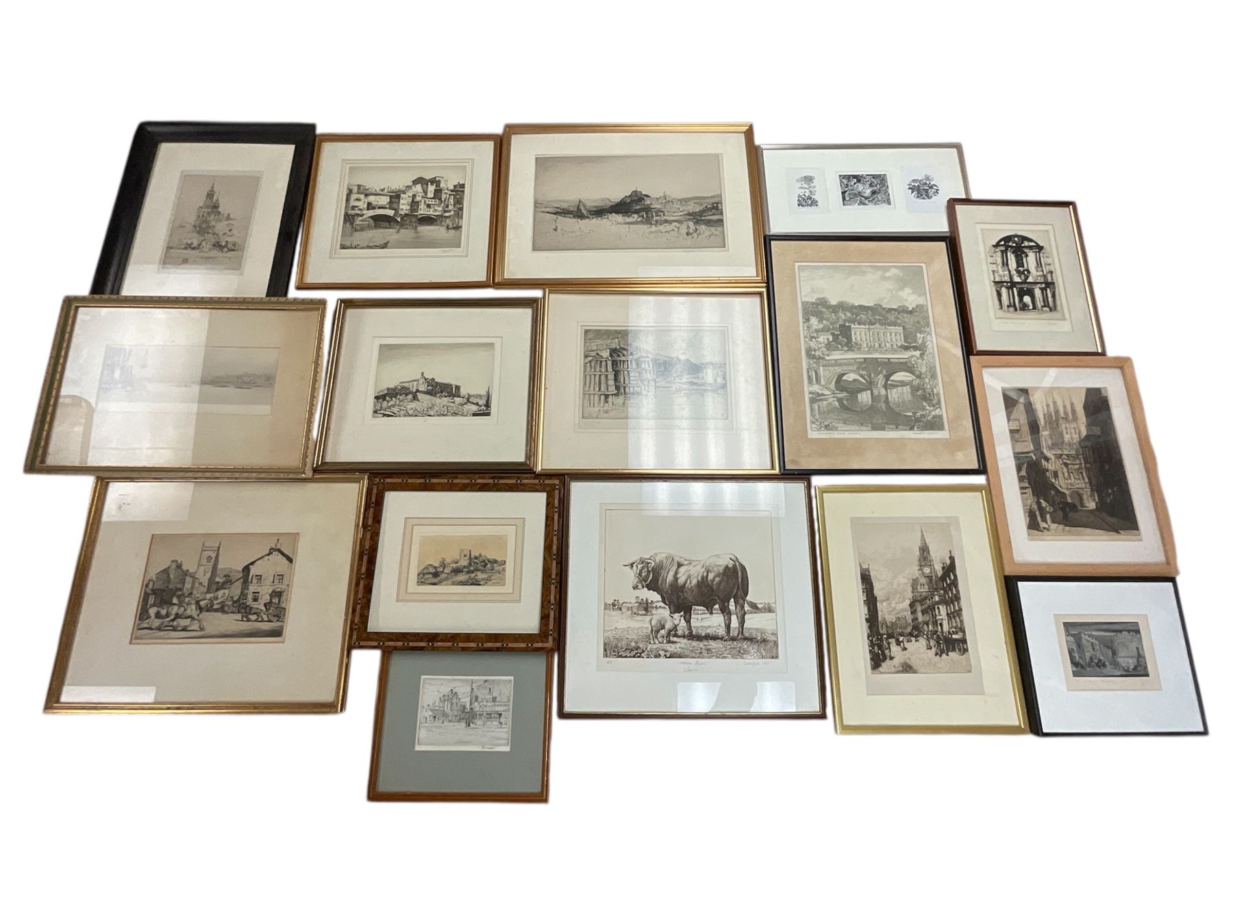 Collection of etchings, artists including Frank Short, Malcolm Osbourne, Anne Hayward (wood engravings), Leonard Russell Squirrell, Grainger Smith, Thomas Riley, Simon Bull, Douglas Ian Smart, Rembrandt (restrike), Kenneth Holmes, William Walcot, Henry Rushbury, etc (16)