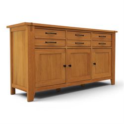 Contemporary Oak sideboard, rectangular top with tenon detailing, three drawers over three...