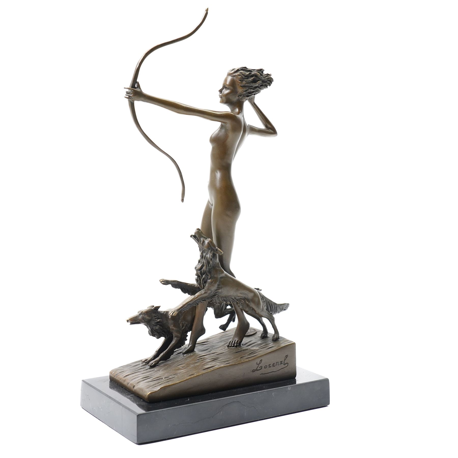 Bronze figure of Diana and her hounds, signed 'Lozenzl' to base, H33cm 