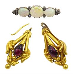 Pair of Victorian gold pear shaped cabochon garnet pendant earrings and a opal and diamond bar brooch