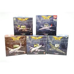 Five Corgi Aviation Archive 1/144th scale aircraft - 47301 Battle of Britain Avro Lancaster, limited edition AA31201 Military Avro Vulcan No.1657/2300 with certificate, limited edition 48505 Military DH Comet 4C No.3000/4000, 47506 Military Lockheed Constellation and 48101 Classic Propliners Boeing Stratocruiser Panm Am; all boxed
