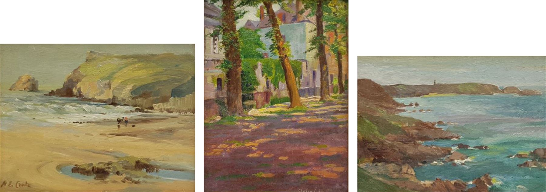 Harry Edmunds Crute (British 1888-1975): Cornish Beach Scene, oil on board signed 15cm x 19cm, together with two similar oils one signed Smith, inscribed verso 14cm x 19cm (3)