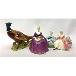  Two Royal Doulton figurines, the first The Love Letter HN2149, the second Charlotte HN2421, each with printed marks to base, tallest H17cm, together with a Beswick figure of a pheasant, with printed mark to base, no 1225.   