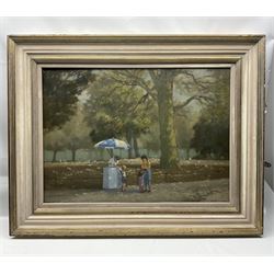 William Burns (Northern British 1923-2010): 'The Ice Cream Man - St James' Park', oil on board signed, titled verso 50cm x 70cm Provenance: Direct from the family of the artist. 
Notes: Born in Sheffield in 1923, William Burns RIBA FSAI FRSA studied at the Sheffield College of Art before the outbreak of the Second World War, during which he helped illustrate the official War Diaries for the North Africa Campaign, and was elected a member of the Armed Forces Art Society. On his return, he studied architecture at Sheffield University and later ran his own successful practice, being a member of the Royal Institute of British Architects. However, painting had always been his self-confessed 'first love', and in the 1970s he gave up architecture to become a full-time artist, having his first one-man exhibition in 1979.