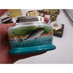 Minton table lighter decorated with a leaping salmon, signed T.Lee, with Ronson lighter mechanism, boxed, together with a Ronson Varaflame lighter, Stratton compact mirror, collection of Wade whimsies and a miniature Gemma teaset