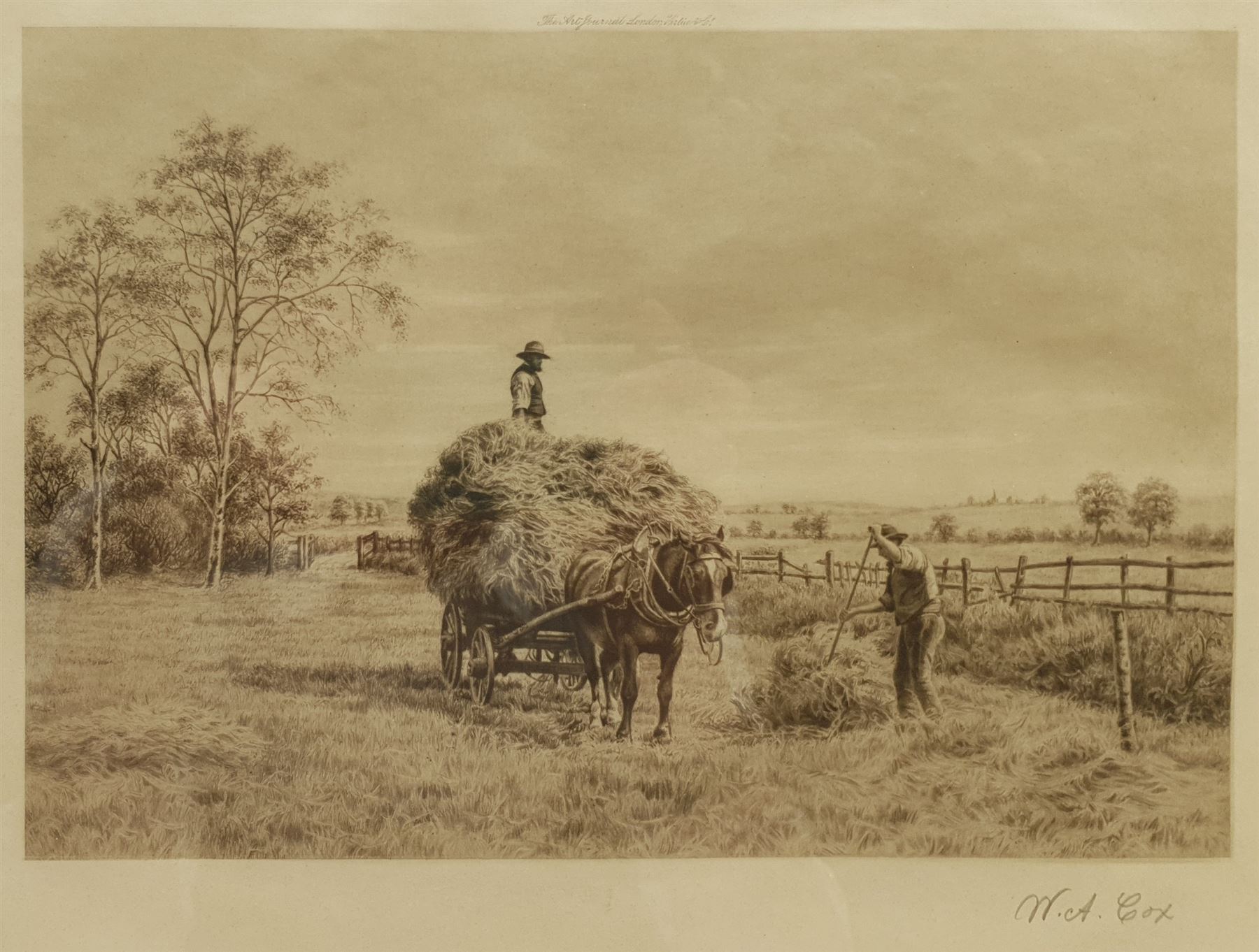 Walter Alfred Cox (British 1862-1908): Gathering the Hay, mezzotint signed in pencil 21cm x 29cm, together with three further engravings after F Riley, max 17cm x 26cm (4)