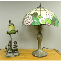 Tiffany style table lamp with leaded glass shade, H60cm and a bronzed effect figural table lamp with glass shade, H42cm (2)  