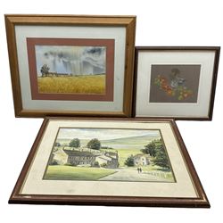 Les Packham (Yorkshire 20th Century): Dales Village, watercolour signed and dated '88; Sue James: Bird on Flowers, pastel signed, together with a further late 20th century landscape watercolour (3)