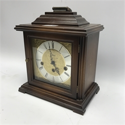 Hermle bracket clock, stained beech case, engraved dial with Roman chapter ring, triple train driven Westminster chiming movement, chiming the hours and quarters, W23cm