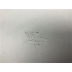 Linthorpe Christopher Dresser design charger decorated in stylised aesthetic motifs, with impressed marks Linthorpe and Dresser signature beneath, D34cm