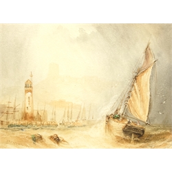  Joseph Newington Carter (British 1835-1871): Fishing Boat Returning to Scarborough Harbour, watercolour signed and indistinctly dated 12cm x 16cm Provenance: part of a large North Yorkshire single owner life time collection of J N Carter oils watercolours and sketches mao2007   