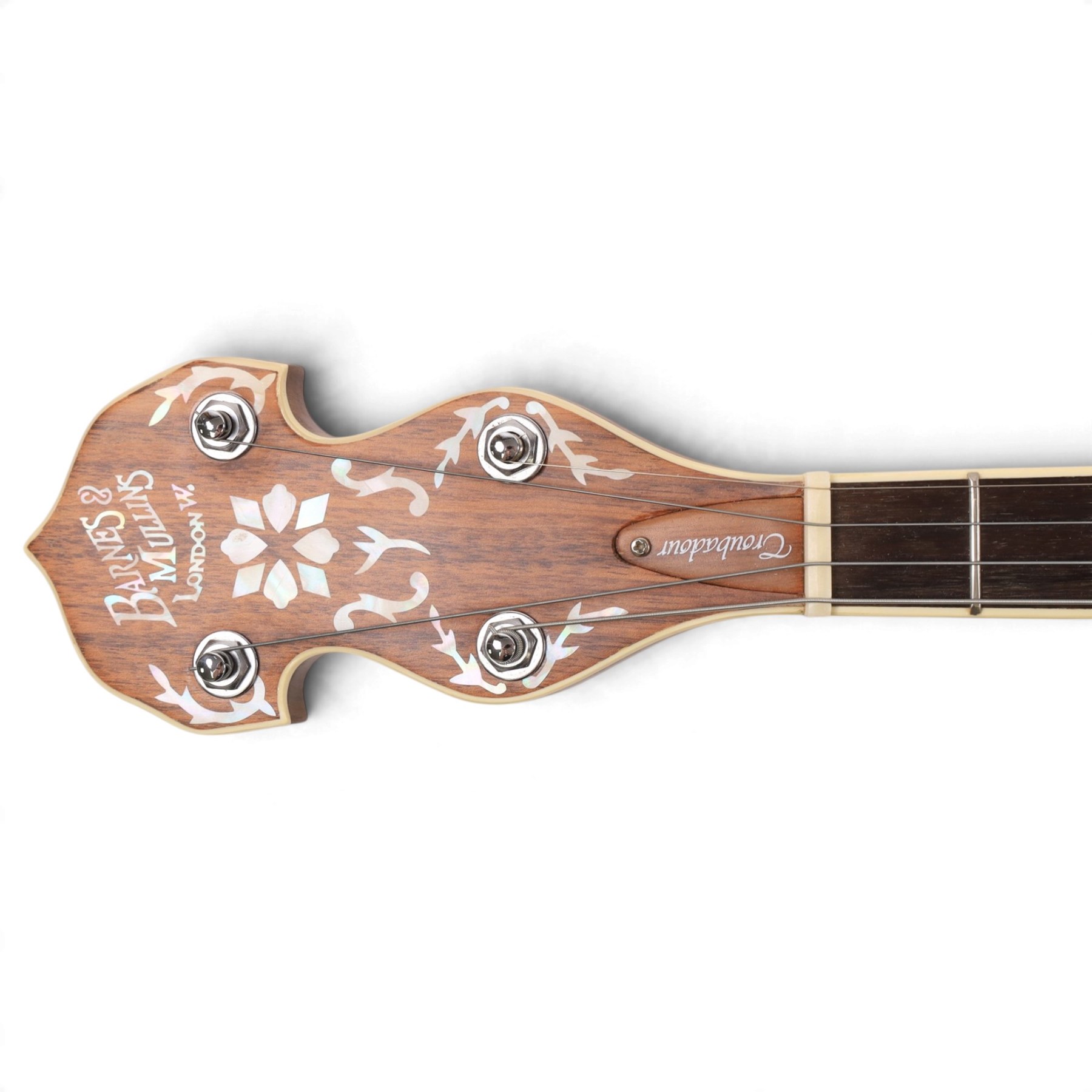 Barnes & Mullins Troubadour four string banjo, with Remo head and mother of pearl inlay to fretboard, in cardboard box, banjo L80cm