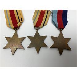 Ten WW2 medals comprising two 1939-1945 war medals, two Defence medals, two 1939-1945 Stars, two Africa Stars, France & Germany Star and Burma Star; together with bar of four miniature medals; all with ribbons