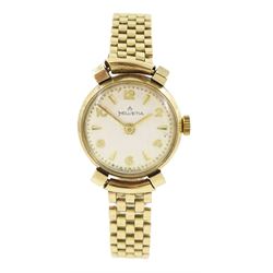 Helvetia ladies 9ct gold manual wind wristwatch, on 9ct gold bracelet, hallmarked