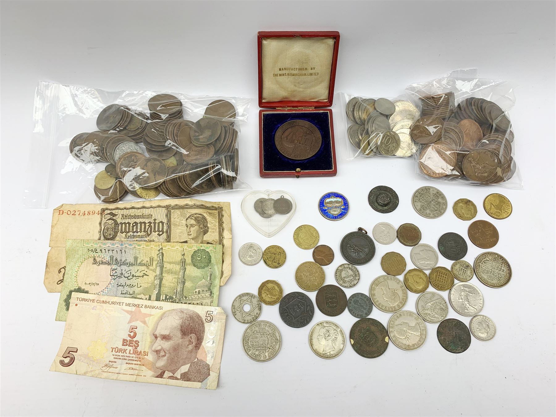 Coins including enamelled King George V 1927 Australia one florin, King George V Great British 1931 half crown, various pre-decimal pennies, 'Scarborough School Board' cased medallion etc 