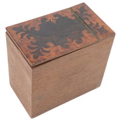 Victorian rosewood inlaid tea caddy, of sarcophagus form with twin ring handles, the interior with two lidded compartments  and later central mixing bowl, upon four bun supports, H32cm