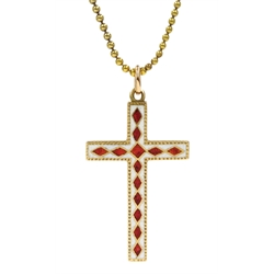  Gold red and white enamel gold cross pendant stamped 15ct, on 18ct gold ball chain necklace with barrel clasp  
