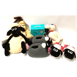 Wallace & Gromit - two pairs of Shaun the Sheep slippers, Shaun the Sheep and Gromit hot water bottles and covers, Feathers Magraw and Gromit back packs and boxed Boots Shaun the Sheep bleating soft toy, all unused (7)  
