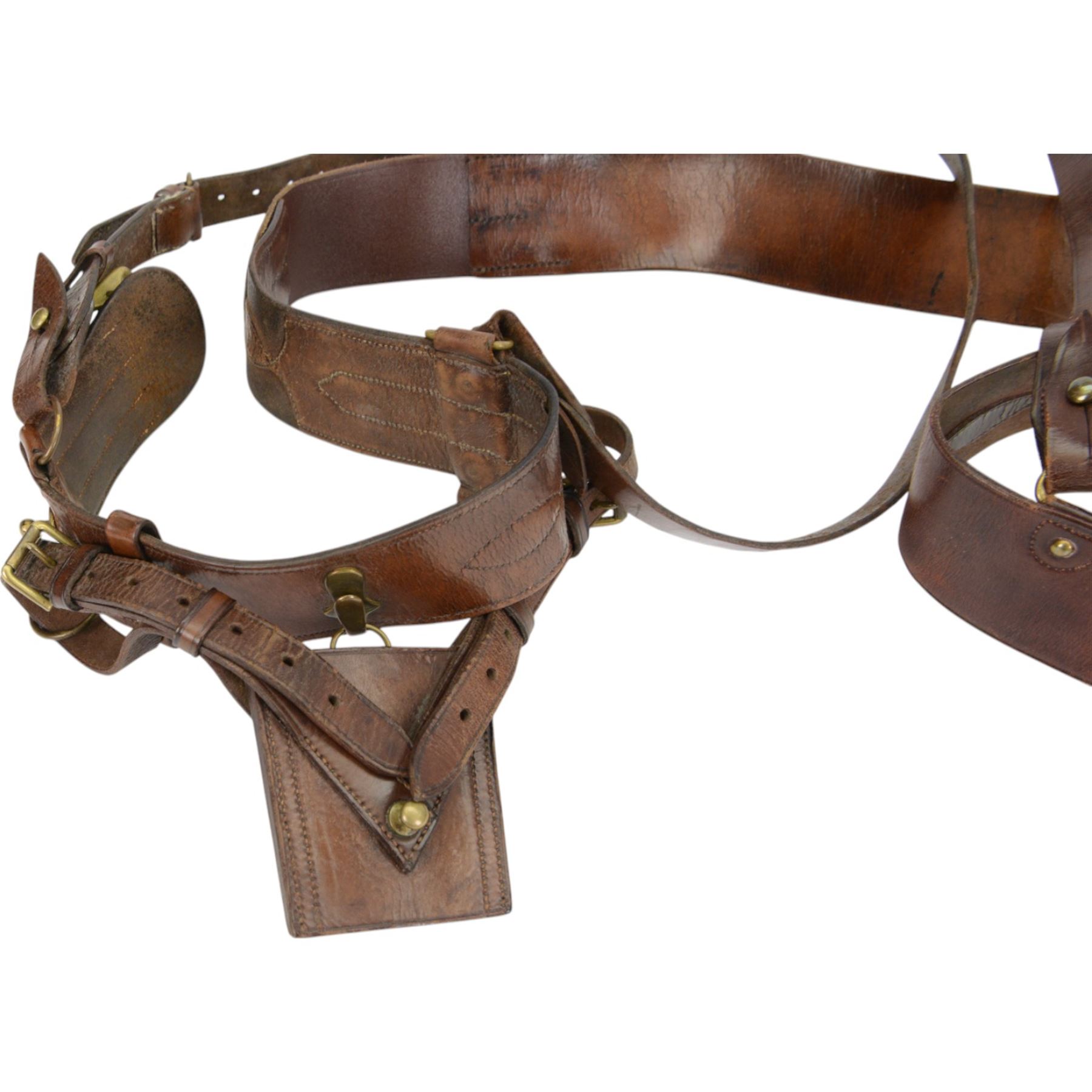 Officer's Sam Browne brown leather belt, with ammunition patch and pistol holder, together with another belt with sword frog