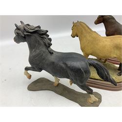 Collection of Border Fine Arts figures, comprising Exmoor Stallion A4058, Highland Mare & Stallion A2691, Welsh Cob A20804, On The Farm A0167, calf figure with bucket and figure group of cow and farmer with cat and kittens (6)