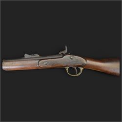 Two-Band short service musket, the L66cm barrel with sold out of service marks and indistinct marks, with ram rod beneath, the lock marked with crowned and Windsor 1855, overall L108cm
Sold as an exempt item under Section 58 (2) of the 1968 Firearms Act, to be held as a curiosity or ornament