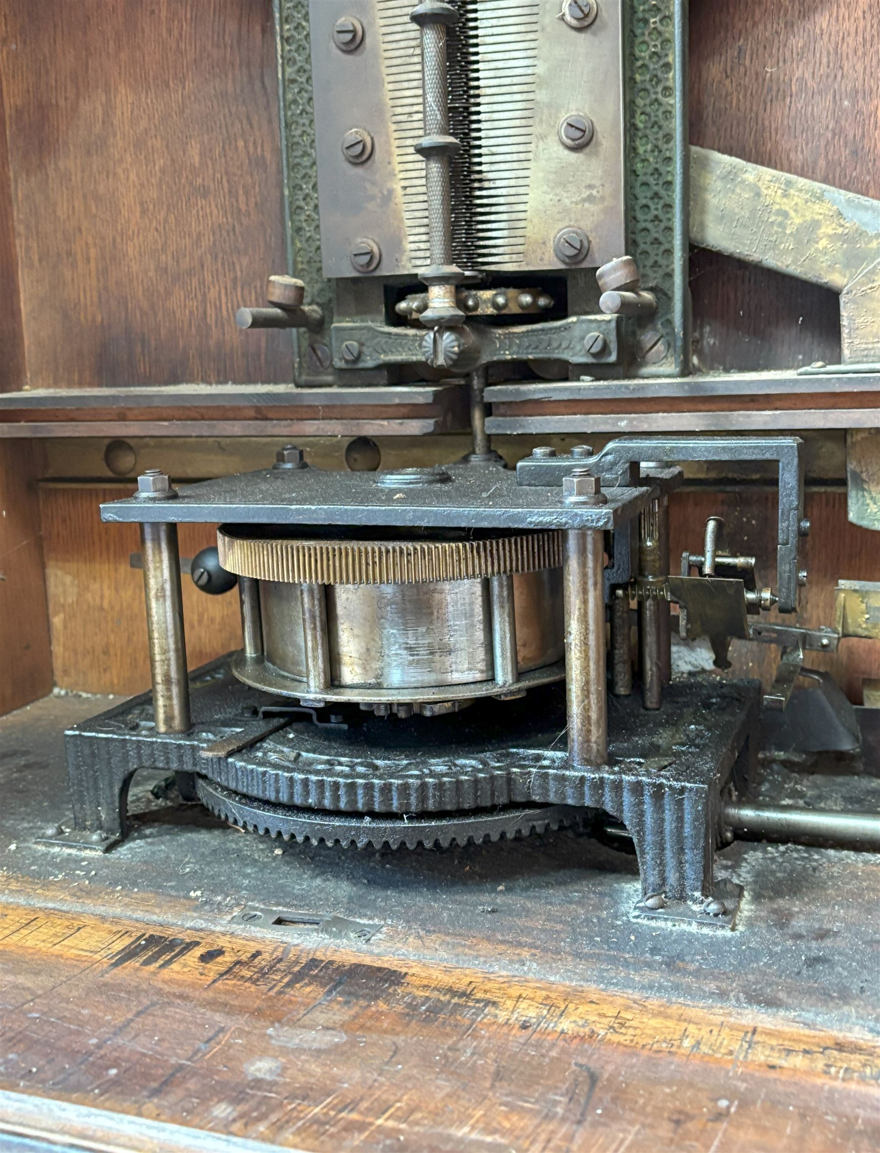 Victorian Penny-in-the-slot Polyphone, the walnut case with arched pediment and applied cartouche above pierced fretwork spandrels, glazed door above drawer to base, retailers label to each side reading 'H.Peters & Co. London Made in Leipzig' enclosing a fully working mechanism complete with 11 disks (50cm diameter) and winding handle.   - COLLECTION BY APPOINTMENT FROM: The White House, Thirsk Road, Easingwold, York, YO61 3NF - CALL 01723 507111 TO ARRANGE