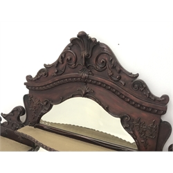  Late Victorian mahogany overmantle mirror, carved Prince of Wales feathers pediment, five shelves, six bevel edge mirror sections, W132cm, H148cm  