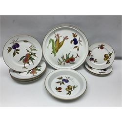 Royal Worcester Evesham pattern tea and dinner wares, to include, three covered tureens of various sizes, coffee pot, two lidded pots, tea cups and saucers of various sizes, two egg cups, round serving platter, five dinner plates, large jug, pair of napkin rings, salt and pepper etc (72)