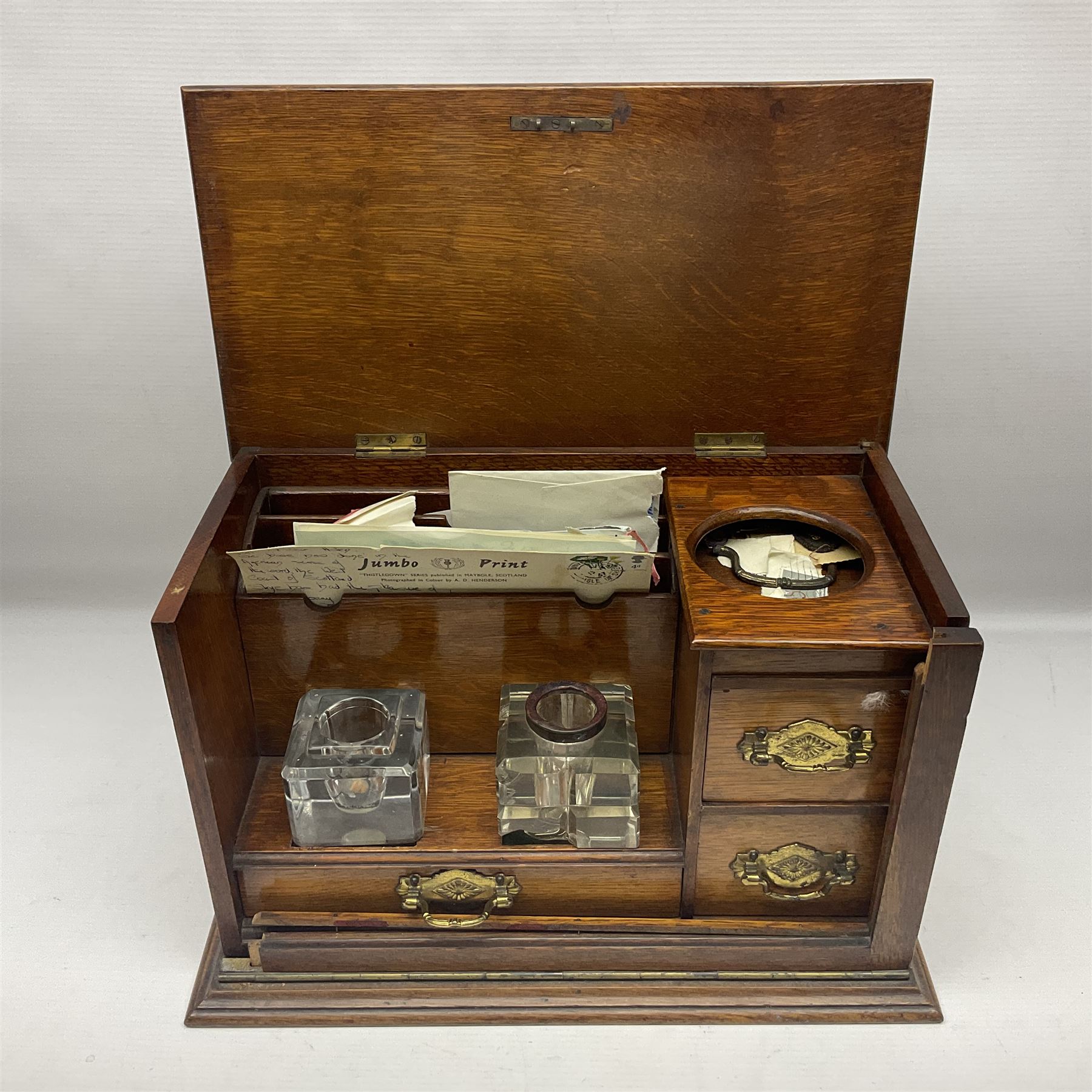 Late Victorian oak correspondence cabinet, with interior letter rack and three drawers