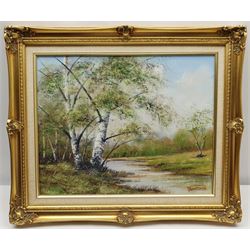 Alan Preece (British 20th century): River Landscape, oil on canvas signed 40cm x 50cm, together with two further continental oils 12cm x 17cm and 30cm x 40cm (3)