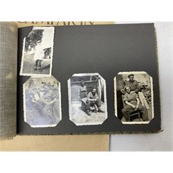 Modern album containing over sixty postcards and photographs including memorial portraits of KIA soldiers, regimental crests, comic, WW1 embroidered silk, uniforms, cap badges, camp and manoeuvre images etc; another personal photograph album of WW2 soldiers relaxing; Royal Armoured Corps booklet 'The Italian Campaign 3rd Sep. 1943 - 2nd May 1945; and other paper ephemera of military interest