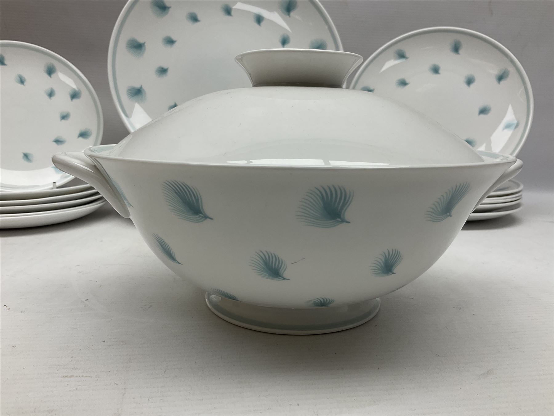 Susie Cooper Whispering Grass pattern dinner wares, to include tureen with cover, six twin handled soup bowls, dinner plates and side plates, etc 