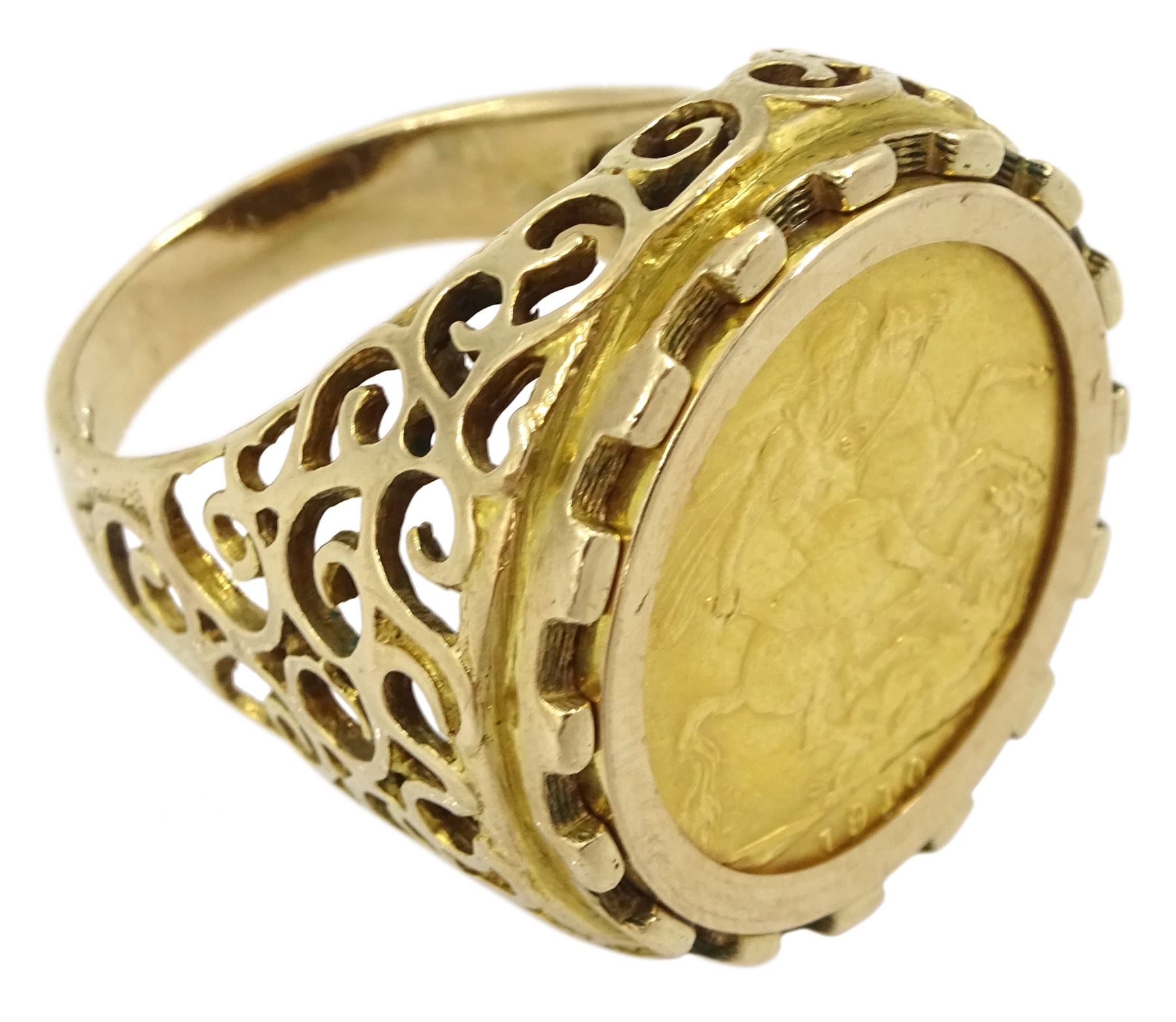 King Edward VII 1910 gold full sovereign, loose mounted in 9ct gold ring, hallmarked