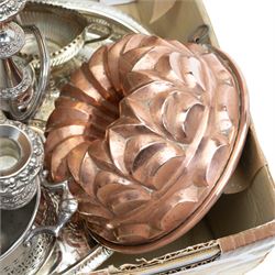 Copper jelly mould, Bohemia crystal decanter, boxed, assorted silver plated items, Benares brass tray, stamp albums and a Victorian pewter coffee pot