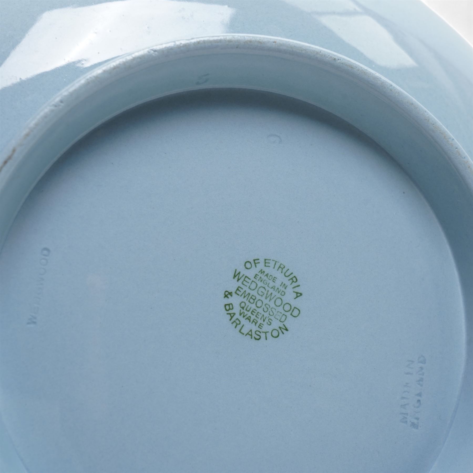 19th century Wedgwood Jasperware biscuit barrel, bas relief decorated with Diana and other classical figures, with EPNS mounts and swing handle, H18cm together with a Wedgwood Queen's Ware bowl (2)