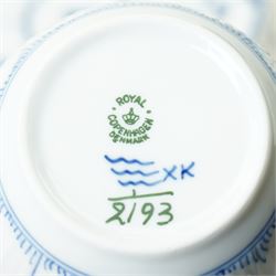 Royal Copenhagen onion pattern low comport, three breakfast cups and five saucers, oval platter, four tea plates, Munich 1972 Olympics plate, and four other blue and white items