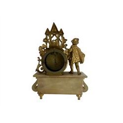 French alabaster and gilt spelter 8-day mantle clock with a drum timepiece movement on a raised rectangular alabaster base with scroll sidepieces, flanked by a figure of a young boy feeding a pet animal, white enamel dial with Roman numerals and steel moon hands. With pendulum.