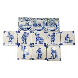 18th/19th century Delft blue and white tiles, comprising set of eight decorated with figures of workmen, and a set of three decorated with central circular panels depicting religious scenes, each approximately H13cm W13cm 