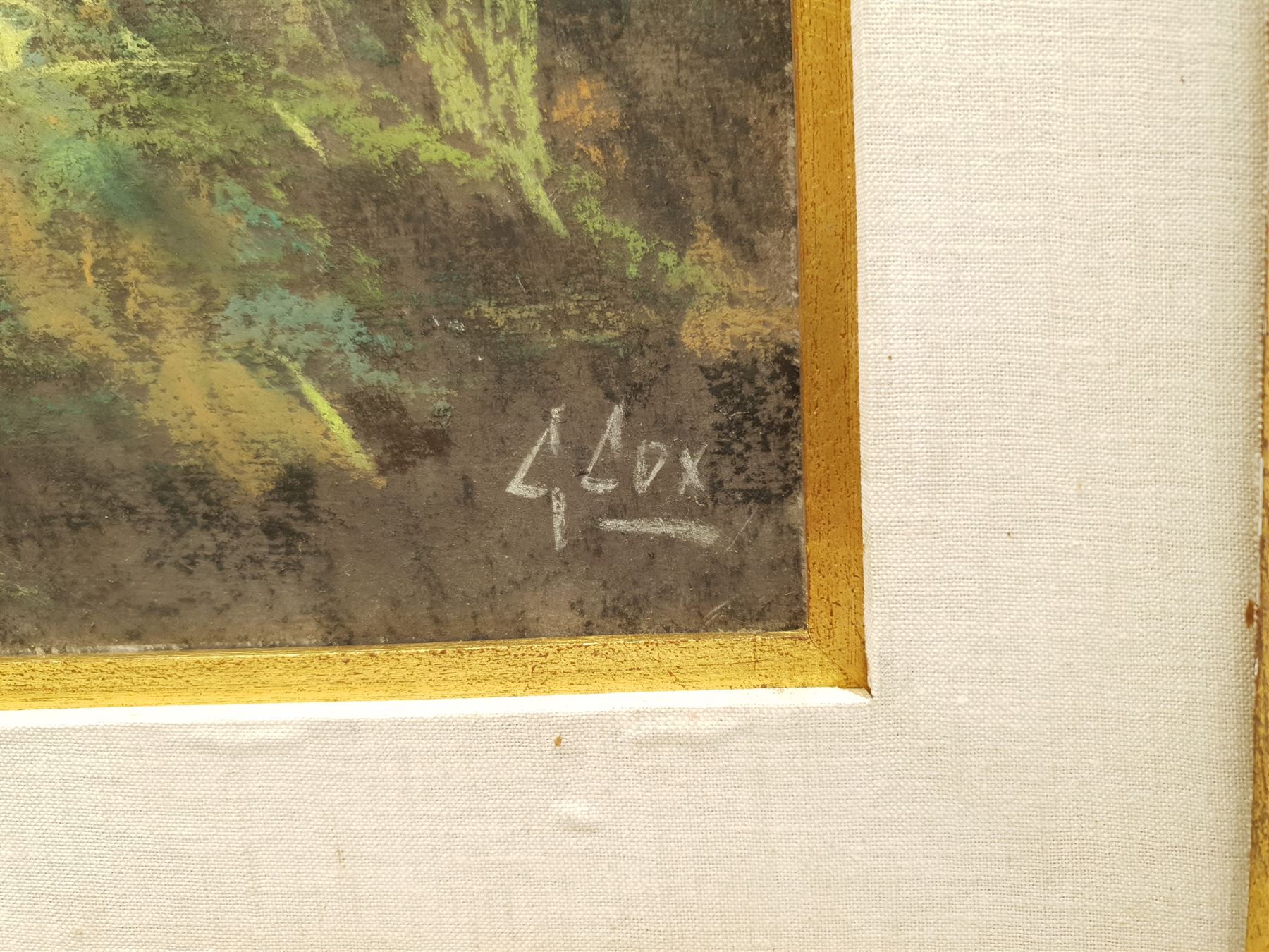 Garstin Cox (British 1892-1933): Corn Stooks by a Woodland Path, pastel signed 43cm x 85cm