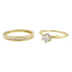 Gold single stone round brilliant cut diamond, diamond 0.49 carat and one other baguette cut diamond cut half eternity ring, both stamped 14K