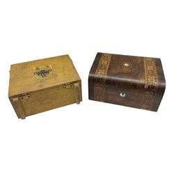 Victorian walnut box with Tunbridge ware banding and mother-of-pearl inlay, W29.5cm H14cm, together with first aid kit box and Group of early 20th century ornate gold plated (tested) and gilt brooch frames and panel fronts