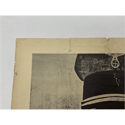 German monochrome 'Gestapo' poster, probably post-WW2, depicting the head of a grim faced Gestapo officer in uniform 55 x 42cm; unframed