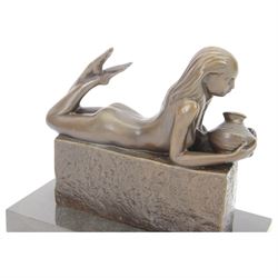 Bronze Aquarius figure, modelled as a nude female figure holding a water jug, signed Pino to base, upon marble plinth, H20cm 