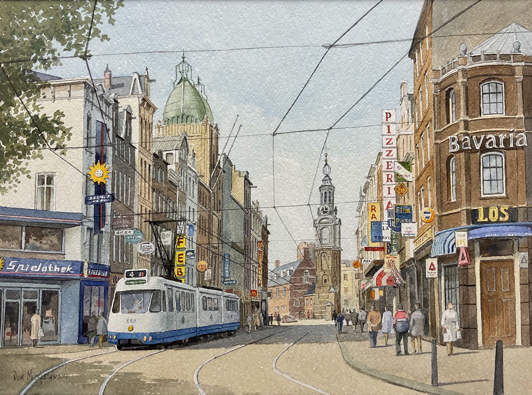 Don Micklethwaite (British 1936-): The Munttoren - Amsterdam, watercolour signed 34cm x 47cm