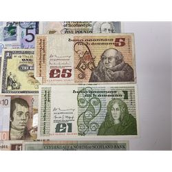 Irish and Scottish banknotes to include Bank of Ireland 5 January 1939 ‘B15’ one pound, two Bank of Scotland 1964 ‘AD07’ and ‘AF05’ one pound notes, one 1966 ‘CQ77’ one pound, and further notes from Clydesdale Bank, National Commercial Bank of Scotland Ltd. etc, housed in plastic sleeves