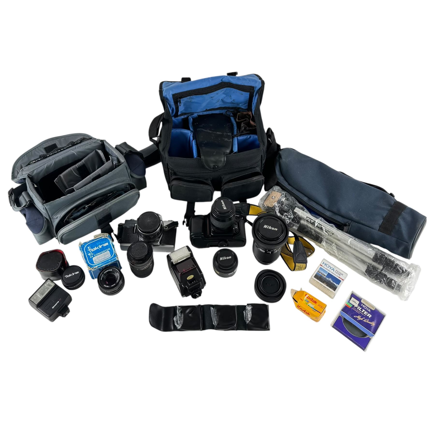 Nikon F50 and  Praktica TL1000 camera bodies, together with lenses and accessories, including Nikkor AF 35-80mm, Nikkor AF 70-210mm, tripod, carry cases, etc