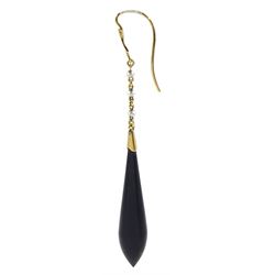 Pair of gold black onyx and seed pearl pendant earrings, stamped 15ct, retailed by Bright & Son Scarborough, in fitted velvet and silk lined case