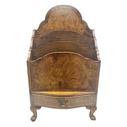 Mahogany and walnut veneer magazine rack, fitted with three divisions over a single drawer, raised on legs with foliate detail, H61cm