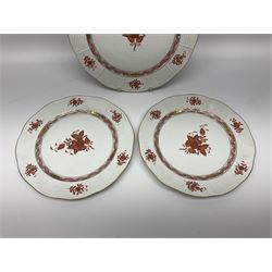 Herend Chinese Bouquet Rose pattern tea service comprising teapot, coffee pot, open sucrier, six cups and saucers, six tea plates, cream jug and stand, milk jug, two teabag holders, preserve pot, two leaf shaped dishes, four egg cups, salt & pepper pots, pair side plates and another plate