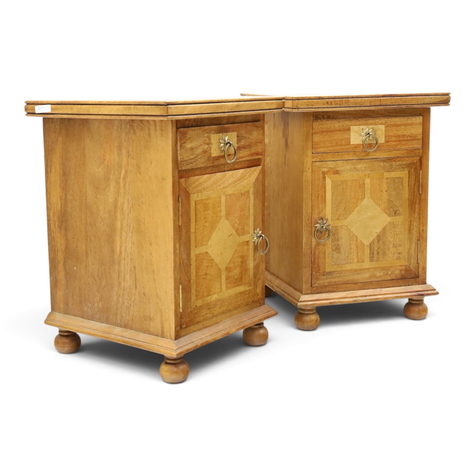 Barker & Stonehouse - pair of contemporary flagstone and mango wood bedside cabinets, inlaid square top over single drawer and cupboard, on bun feet